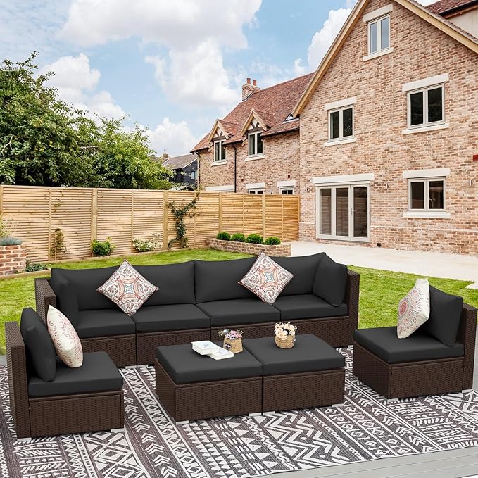 NICESOUL 8 Seater Modern Backyard Furniture Set, 29.3'' High Back Luxury Comfy Brown Wicker Patio Conversation Set with Ottoman, Deep and Wide Sofa Sectional for Exteriors, Dark Brown & Grey
