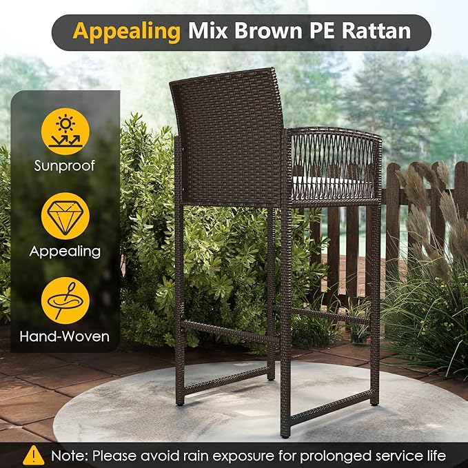 Tangkula 3 Piece Patio Bar Set, Outdoor Heavy Duty Wicker Bar Height Table & 2 Cushioned Barstools, for Backyard, Poolside, Porch, Bistro