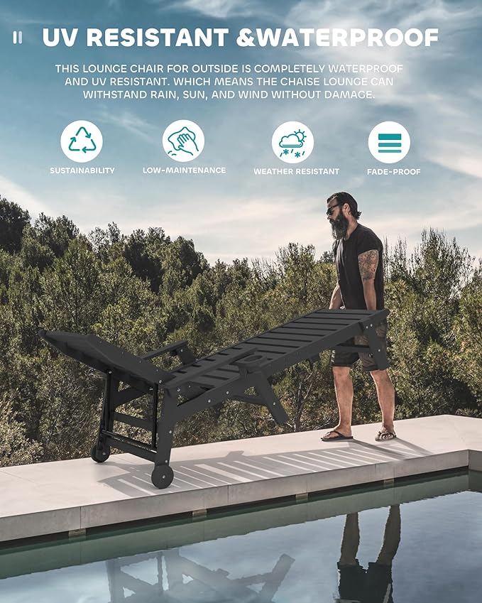 SERWALL Patio Chaise Lounge Chair Set of 2 with 9FT Patio Umbrella, 78'' HDPE Outdoor Lounger, Poly Lounge Chair with Rolling Wheels & Cup Holder for Pool,Obsidian Black (Umbreall Base not Included)