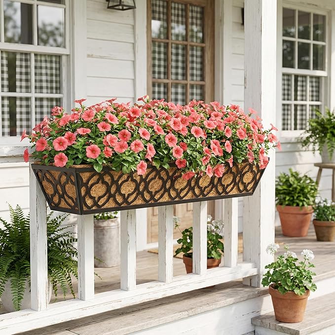 Y&M 30 inch Window Planter Box 4Pcs Iron Window Deck Railing Planter with Coco Liner, Metal Horse Troughs Fence Planter for Outdoor Balcony Rail Fence Porch Patio