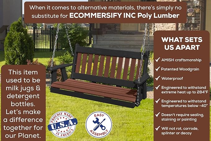 Mission Poly Lumber Wood 5FT Porch Swing Amish Craftsmandship Made in USA HDPE with No Wood fibers 1000 lbs Limit. Stainless Steel Hardware.Signature Design for Patio Outdoor Backyard Garden Park