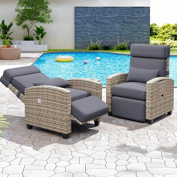 Garvee Outdoor Recliner Chair, 145° Adjustable Backrest & Footrest Lounge Chair with Removable Cushion and Flip-Up Side Table, All-Weather PE Wicker & Steel Frame for Poolside, Deck, Balcony, Khaki