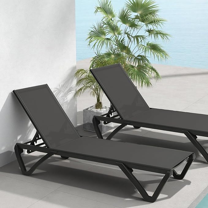 Domi Pool Lounge Chairs Set of 2, Aluminum Adjustable Outdoor Chaise Lounge with Wheels, All Weather Poolside Chairs for Deck Lawn Patio Backyard, Textilene - Dark Gray