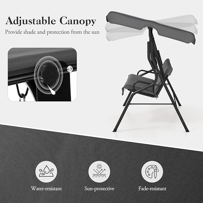 Porch Swing Outdoor, 3 Person Patio Swing w/Removable Cushion, Stand & Adjustable Canopy, Heavy Duty Swing Chair for Patio, Garden, Courtyard, Poolside