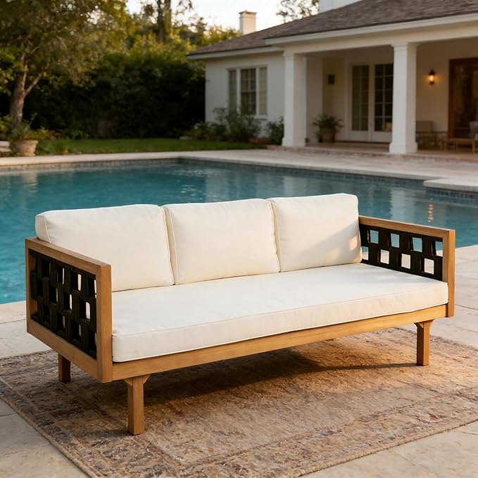 Christopher Knight Home Rosie Acacia Wood Outdoor Daybed Sofa with Water-Resistant Cushion, Solid Wood Patio 3 Seater Sofa Couch, Patio Garden Lounge Sofa with Woven Rope Accent, Black+Teak+Beige