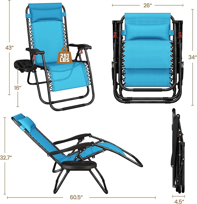 Yaheetech Zero Gravity Recliners Outdoor Adjustable Folding Reclining Lounge Chairs w/Pillows, Cup Holder Trays and Carry Strap for Patio Backyard Beach Light Blue Set of 2