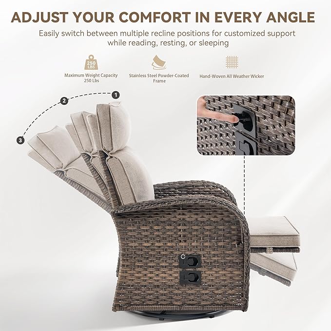 Zero Gravity Patio Swivel Rocking Recliner Chairs Set of 2 - Wicker Outdoor Lounge Chair with Adjustable Backrest & Footrest, All Weather Reclining Rocker Chairs with Thick Cushion for Pool Deck Beige