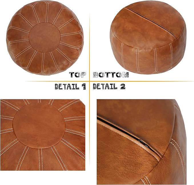 Thgonwid Unstuffed Moroccan Faux Leather Pouf Ottoman with Storage - Handmade Boho Chic Multi-Use Footrest for Living Room, Bedroom, Patio - Round Ethnic Floor Cushion & Decorative Accent, Brown