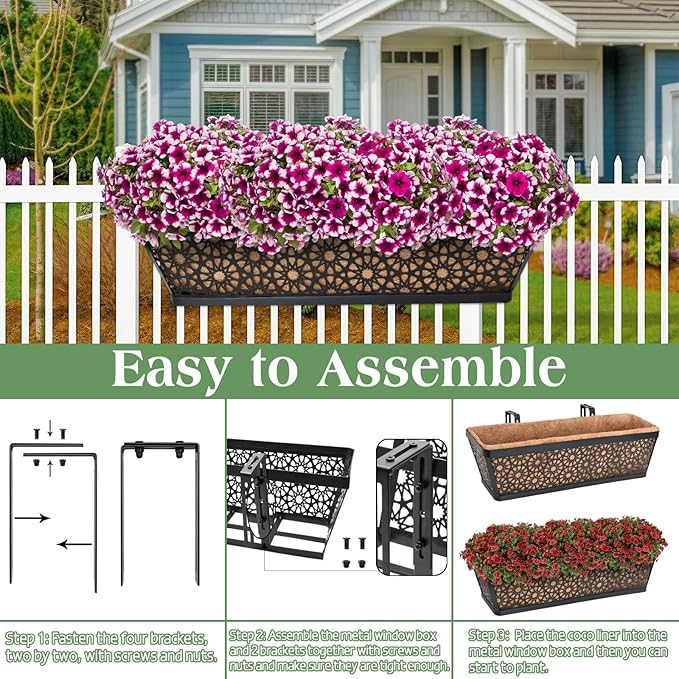 Halatool 24 Inch Window Box with Coco Liner, 2 Pack Sturdy Metal Flower Railing Planter with Coco Coir Basket Liners for Window Deck Fence Porch Balcony and Patio Outdoor Indoor Lawn
