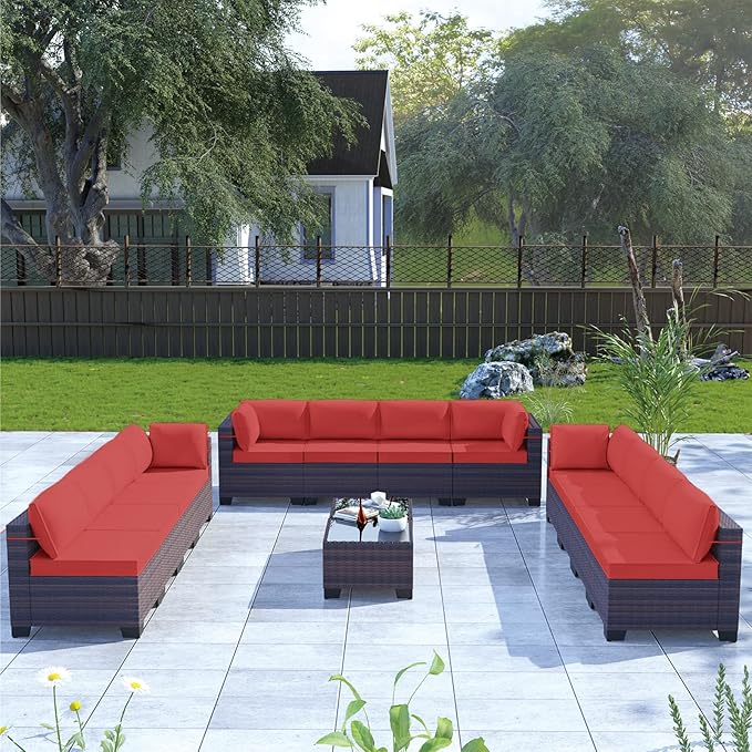 Kullavik 14 Pieces Outdoor Patio Furniture Set,Sectional Rattan Sofa Set Brown PE Rattan Wicker Patio Conversation Set with Tempered Glass Coffee Tables and Washable Cushions Covers,Red