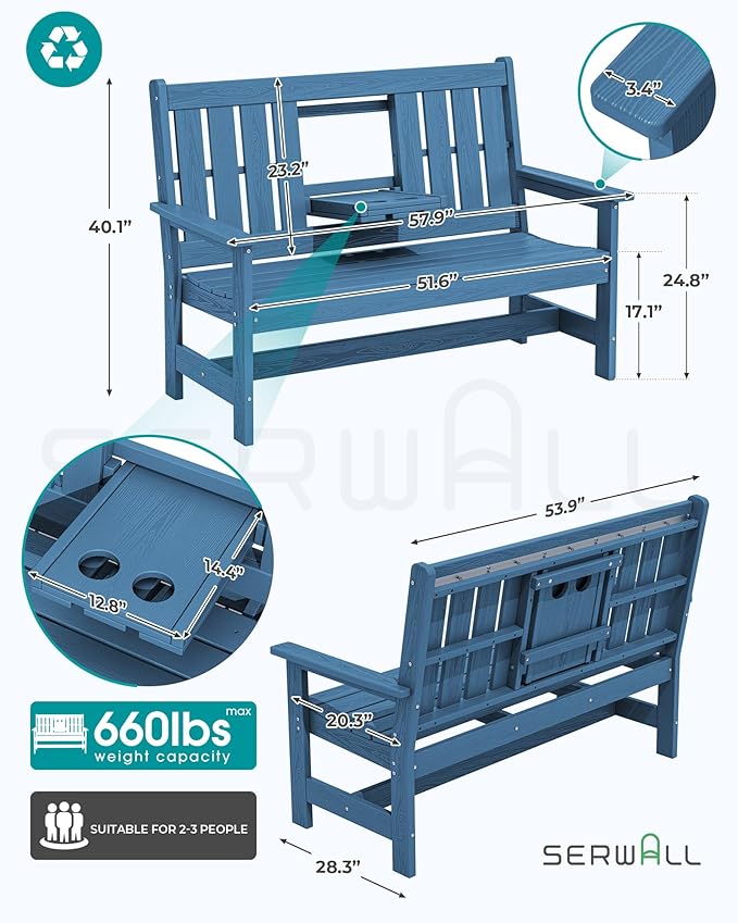 SERWALL Outdoor Bench with Cup Holder, 58" HDPE Garden Park Bench Suitable for 3 Person, All Weather Patio Benches with High Backrest and Wide Armrests for Garden, Park, Yard, Front Porch, Navy
