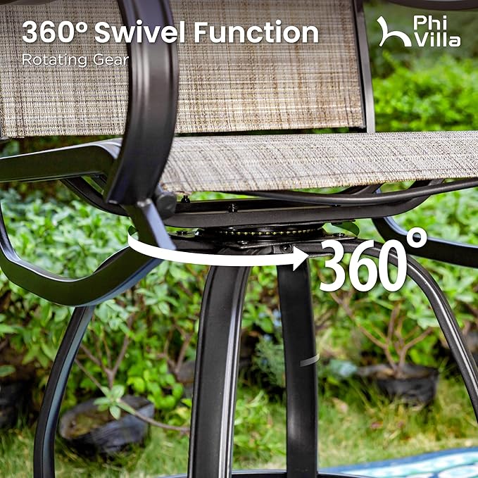PHI VILLA 7 Piece Outdoor Bar Set, Counter Height Patio Bar Furniture Rectangle Dining Table and 6 Swivel Bar Stools Chairs with Brown Textilene Fabric for Garden,Yard and Deck