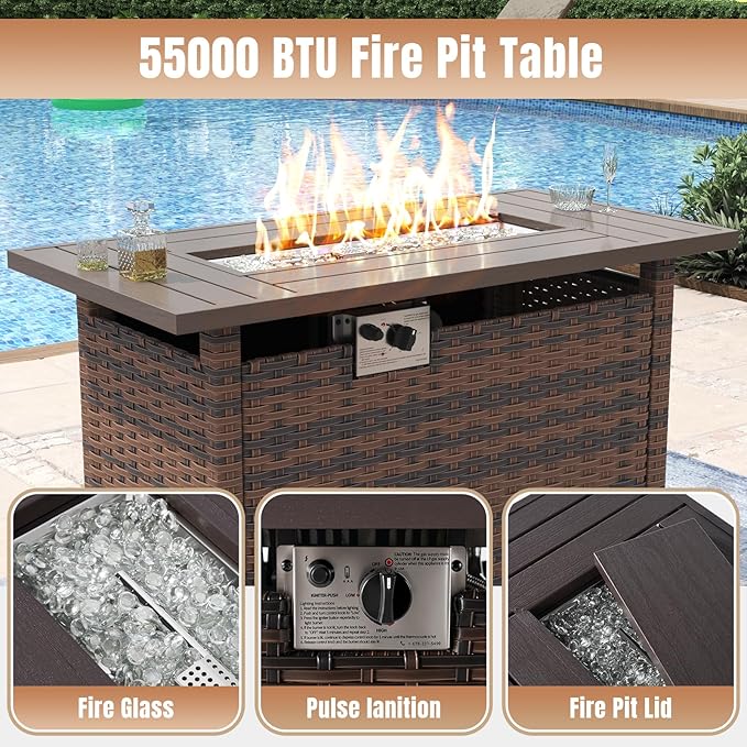 Aoxun 13 Pieces Patio Furniture Set with 44” Fire Pit Table Wicker Rattan Outdoor Sectional Conversation Set with Coffee Table and 4” Thickened Cushions, Beige (Waterproof Cover Included)