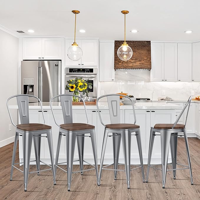 Alunaune 24" Swivel Metal Barstools Set of 4 High Back Counter Height Bar Stools Kitchen Dining Bar Chairs Industrial with Large Wooden Seat-Silver