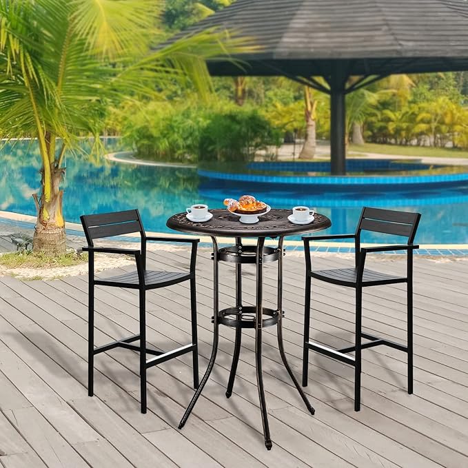 VINGLI Outdoor Bar Table, Cast Aluminum Bar Height Patio Table with Umbrella Hole, Patio Dining Table Tall Bistro Table Outdoor Furniture for Garden Porch Yard and Balcony 32" Dia x 41 H (Bronze)…