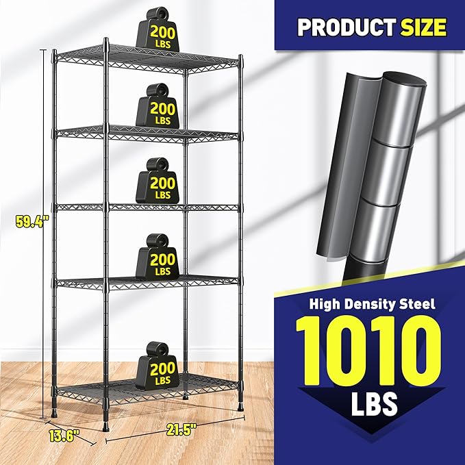 5-Tier Shelf 1010LBS Storage Shelves Adjustable Wire Shelving Metal Shelving Unit Storage Rack for Kitchen Pantry Closet Laundry School Commercial 59.4" Hx21.5 W x13.6 D