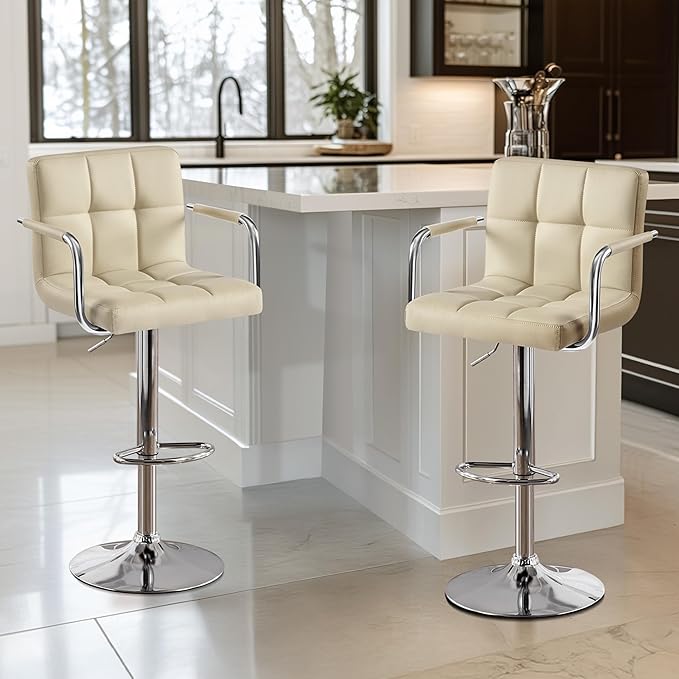 Yaheetech Bar Stools Set of 4, PU Leather Adjustable Swivel Barstools, Hydraulic Kitchen Counter Height Chairs with Armrest and Back for Kitchen, Dining Room, Khaki