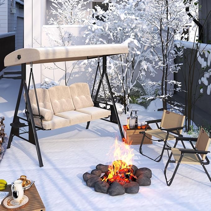 AECOJOY Outdoor Porch Swing, 3-Seat Porch Swing with Adjustable Canopy, Outdoor Swings for Adult with Beige Removable Cushions for Backyard, Garden, Yard, Poolside, Balcony