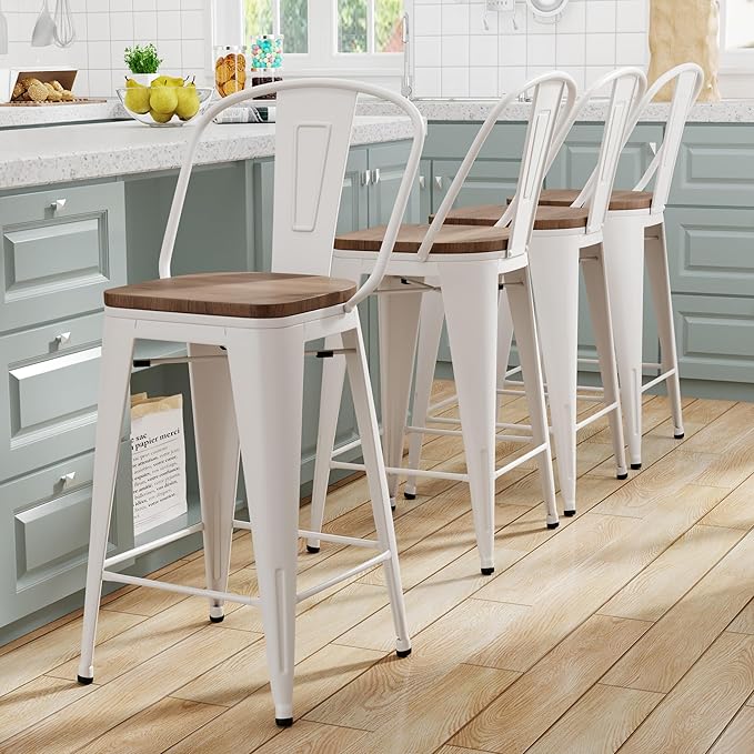 Yongqiang 30 inch Bar Stools Set of 4 Farmhouse Bar Height Stools High Back Kitchen Bar Chairs Cream White Metal Barstools with Large Wooden Seat