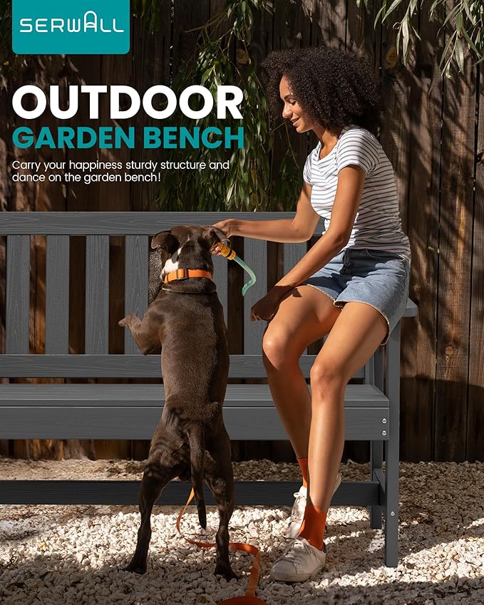 SERWALL Outdoor Bench, HDPE Outdoor Benches Weatherproof, 2-Person Garden Bench with 660 lbs Weight Capacity, Patio Benches for Outdoors, Garden, Porch, Backyard and Park, Grey, 2 Pack