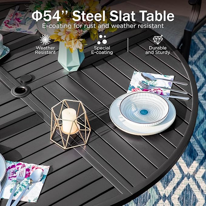 PHI VILLA 7 Pieces Outdoor Dining Set for 6, 54" Round Black Metal Table with Umbrella Hole & Wrought Iron Swivel Chairs, Large Outside Furniture with Blue Cushions & Pillows for Patio, Deck, Porch