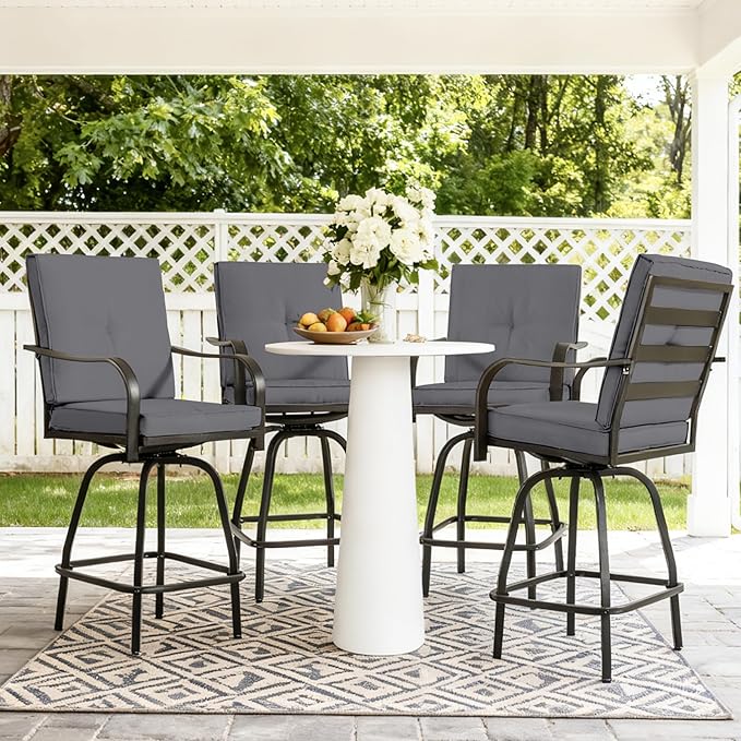 Outdoor Swivel Bar Stools Set of 4,Bar Height Patio Chairs with Cushions and High Backrest, All Weather Patio Bar Stools Furniture for Bistro Lawn, Pool, Garden and Backyard,Gray