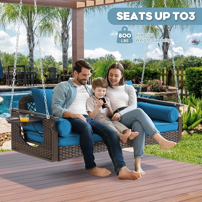3 Seat Porch Swing, Wicker Patio Swing with Cup Holders & 3 Back Cushions, Yard Swing with Chains for Deck Garden Backyard,Brown Rattan, Peacock Blue Cushion, 56-inch