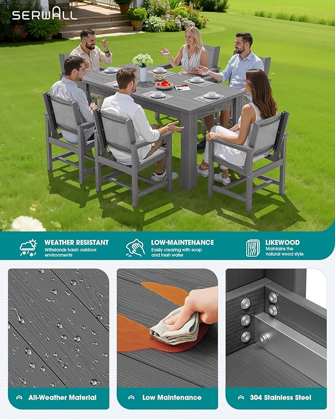 SERWALL 10 Piece Outdoor Dining Table Sets for 8 with 2 Umbrella Hole Cut-Out Rectangular Tables and 8 Textilene Chairs, HDPE Dining Table Sets for Garden, Backyard, Poolside, Gray