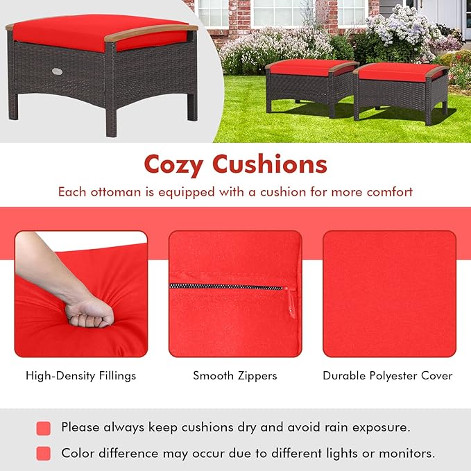 Tangkula 2 Piece Patio Rattan Ottomans, Outdoor Wicker Footstool w/Acacia Wood Handles, Soft Zippered Cushions, 3-in-1 Function Footstool Seat & Side Table for Backyard, Balcony, Poolside (Red)