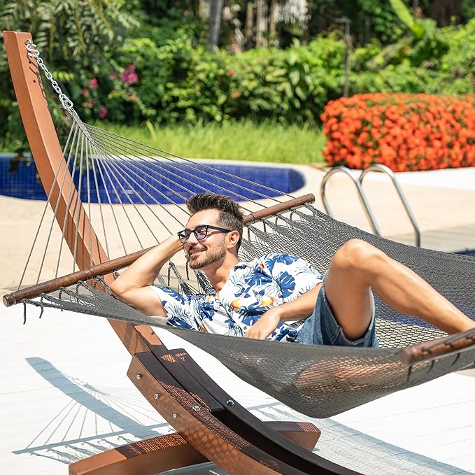Lazy Daze Hammocks 10.5 FT Double 2 Person Caribbean Rope Hammock, Hand Woven Polyester Hammock with Spreader Bars, for Outside Outdoor Backyard Patio Poolside, 450 LBS Capacity, Gray