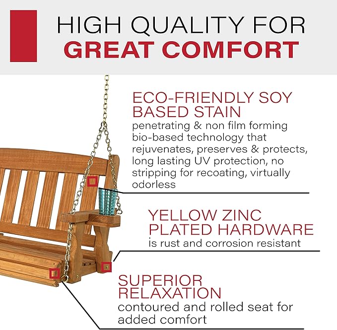 Amish Casual Heavy Duty 800 Lb Mission Treated Porch Swing with Hanging Chains and Cupholders (5 Foot, Cedar Stain)