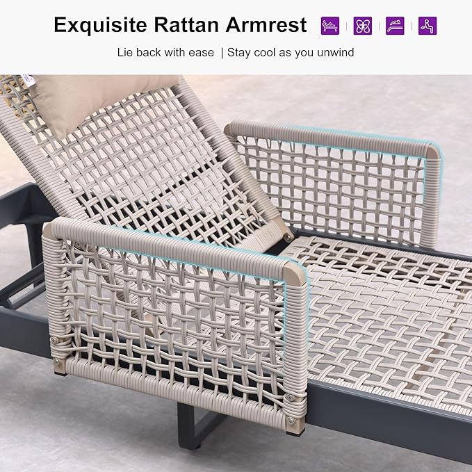 PURPLE LEAF 4 Pieces Outdoor Chaise Lounge Set Rattan Wicker Lounger with Arms Poolside Furniture Adjustable Recliners Patio Lounge Chairs for Beach Yard Garden Balcony, Dark Grey