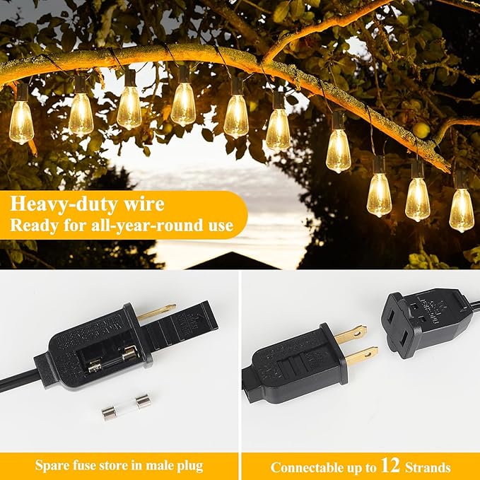Brightever 120FT Outdoor String Lights Waterproof, 2700K Bright LED Patio Lights with 62 ST38 Shatterproof Vintage Bulbs, Retro Connectable Edison String Lights for Outside, Garden, Balcony, Porch