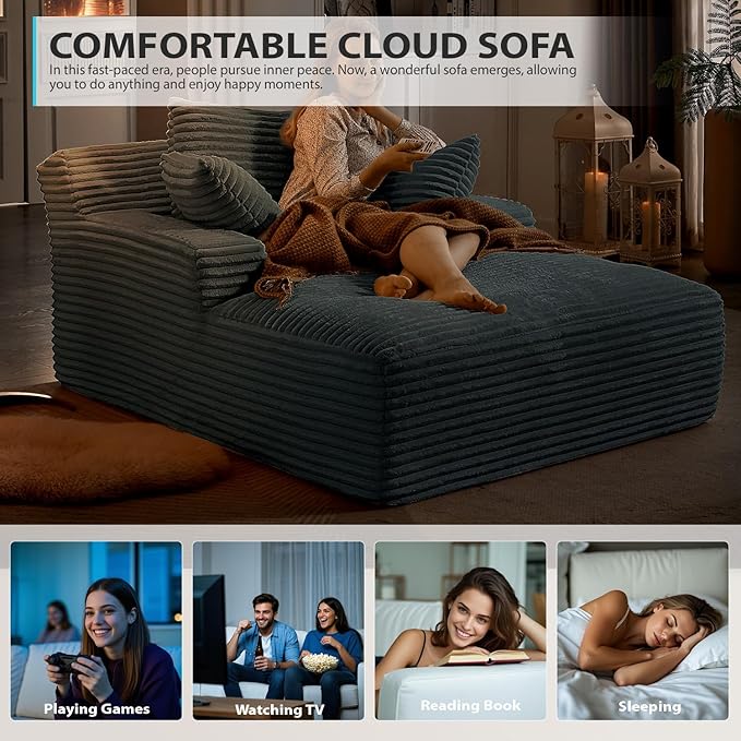 67 Inch Chaise Lounge Chair Indoor, Oversized Corduroy Upholstered Boneless Sofa Bed, Deep Seat Sleeper Couch Reading Chairs, Cloud Sofas Couches for Living Room, No Assembly Required (Dark Grey)