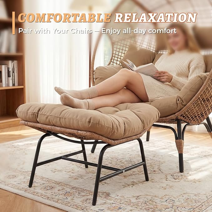 NICESOUL Indoor Outdoor Ottoman Set of 2, Large Wide Double Patio Footstool, PE Rattan Thicken Cushioned Footrest, All-Weather Wicker Furniture for Balcony, Porch, Living Room, Egg Chair, Brown