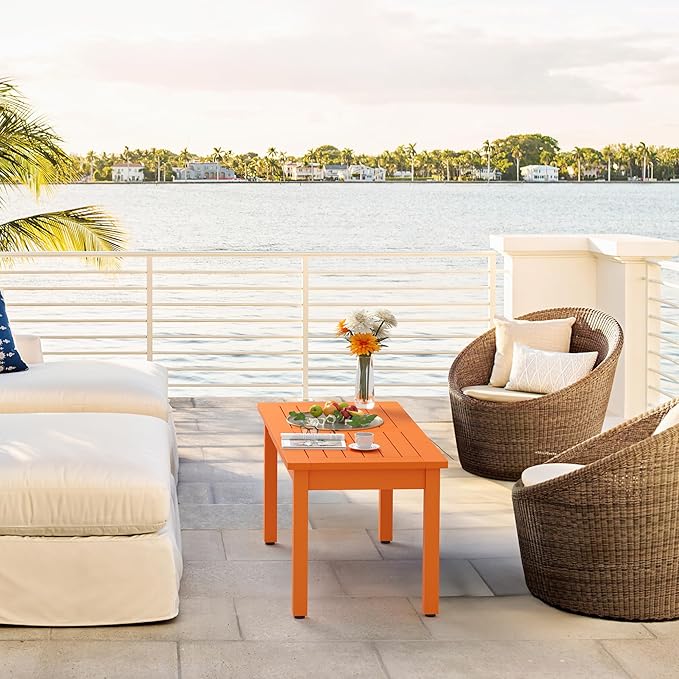 LUE BONA Outdoor Coffee Table Rectangle, HDPS Patio Coffee Tables for Outside, All Weather Patio Coffee Table with Slatted Tabletop for Deck, Garden, Balcony, Indoor or Outdoor Use, Orange