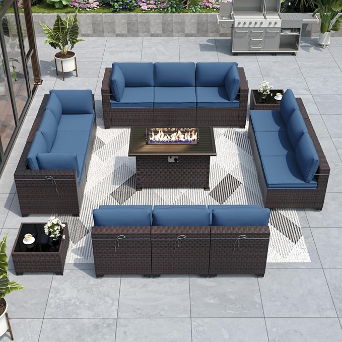 ALAULM Patio Furniture Set with Fire Pit Table 55000 BTU, Outdoor Sectional with Wide Seat and Thick Cushion, 15 Piece Wicker Rattan Conversation Set with Coffee Table for Garden, Deck, NavyBlue