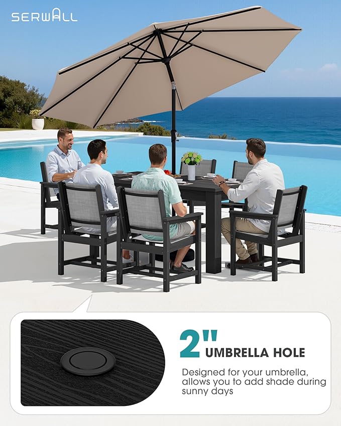 SERWALL 10 Piece Outdoor Dining Table Sets for 8 with 2 Umbrella Hole Cut-Out Rectangular Tables and 8 Textilene Chairs, HDPE Dining Table Sets for Garden, Backyard, Poolside, Black