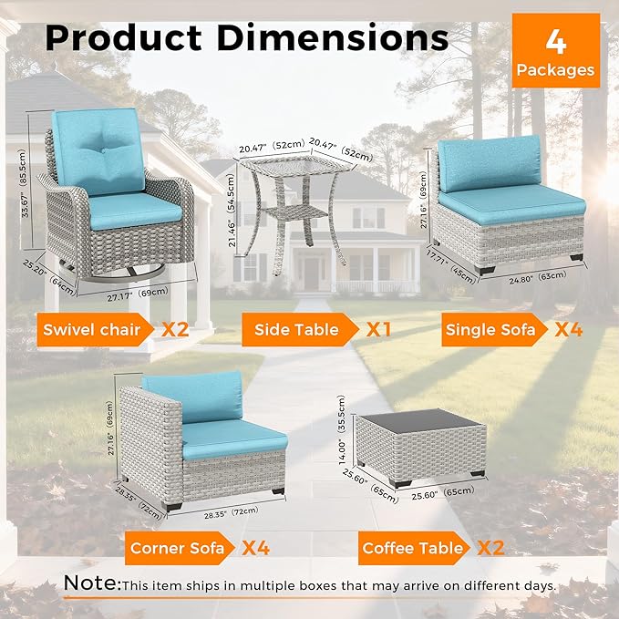 10-Seat Modern Patio Furniture Set with Swivel Rocking Chairs, Thick 4″ Cushions, Dual-Strand Wicker Rattan, Rust-Resistant Steel Frame – Outdoor Conversation & Modular Sectional,Blue