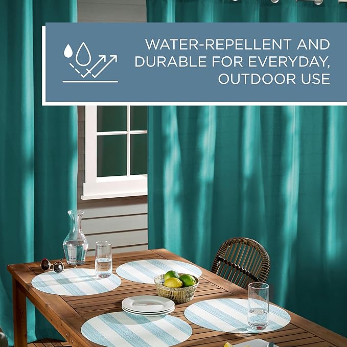 TOWN & COUNTRY BASICS Cabana Solid Heavyweight Indoor Outdoor Curtains, Light Filtering Opacity with Grommet Top, Water Repellent, 2-Pack Set, 54"x108", Dark Teal