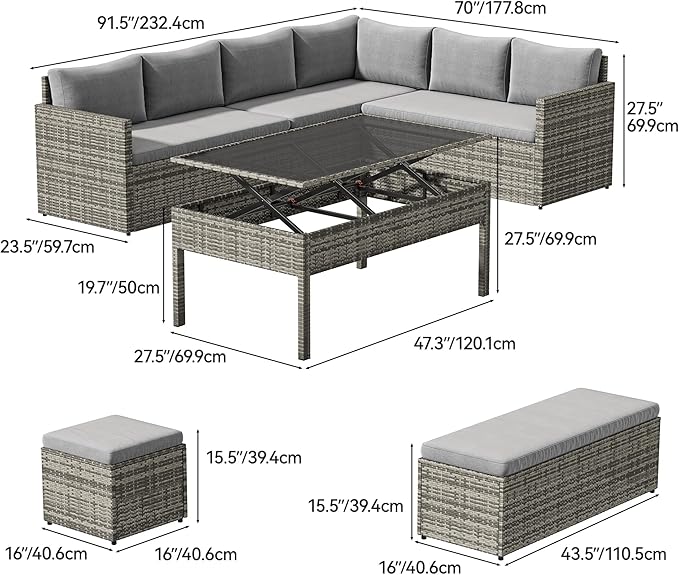 YITAHOME 9-Piece Patio Furniture Set, All-Weather Wicker Outdoor Sectional Sofa with Lift-Top Table & Ottoman, Patio Conversation Set for Deck, Backyard, Porch - Gray Gradient