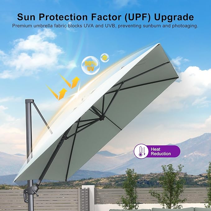 PURPLE LEAF Patio Umbrella 9' X 9' Rectangle Cantilever Umbrella Large Aluminum Outdoor Umbrellas with 360-degree Rotation & UPF40+ Premium Fabric for Deck Pool Garden Yard, Mint Green