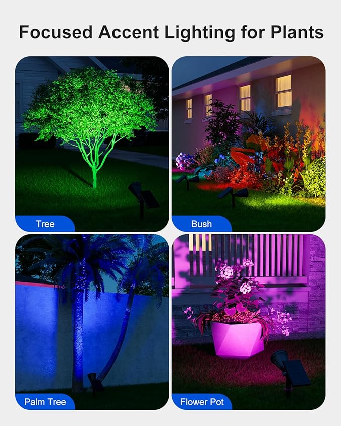 2 Pack Color Changing Solar Spotlights Outdoor for Tree, Flower, Plant, Statue, Sign, Decorative wall, Waterproof Rainbow Lanscape Spot Uplights for House Outside, Yard, Garden, Patio, Pathway, Pool