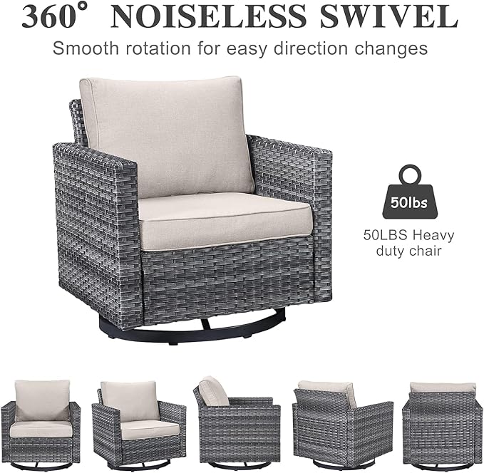 Belord Patio Sectional Furniture Set with Fire Pit Table: 8 Pieces Wicker Patio Conversation Set with L Shaped Sofa, Outdoor Swivel Glider Rocker, Rattan Ottomans, Removable Cushions Beige
