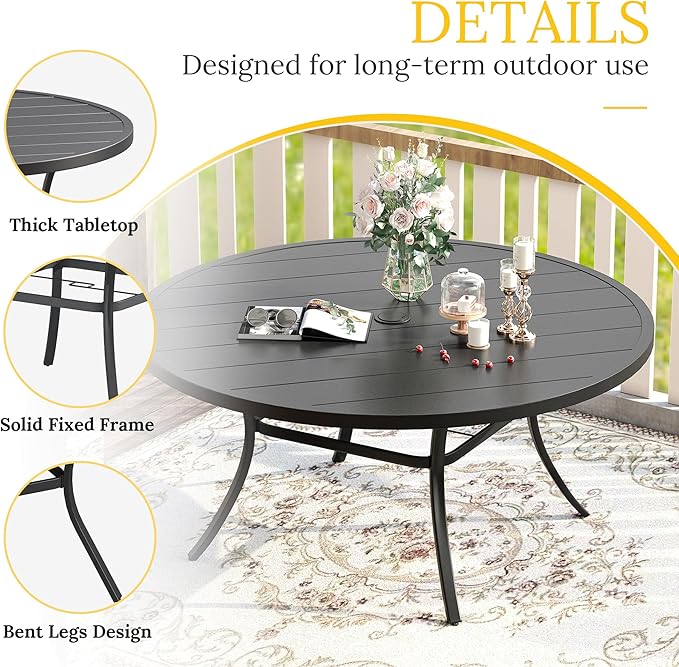 VICLLAX 60" Outdoor Round Patio Table for Lawn Garden, All Weather Metal Round Patio Dining Table with Adjustable Umbrella Hole, Outdoor Table for 8-10 Person, Black Tabletop