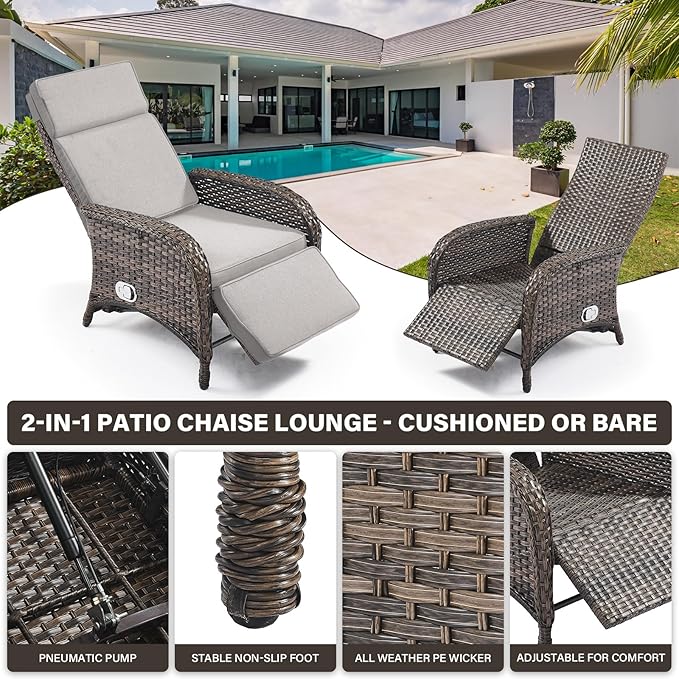 Belord Versatile Outdoor Recliner Chair - Reclining Patio Chair Set of 2 with Adjustable Backrest and Footrest, All-Weather Wicker Chaise Lounge Chair Outdoor for Pool Deck Brown