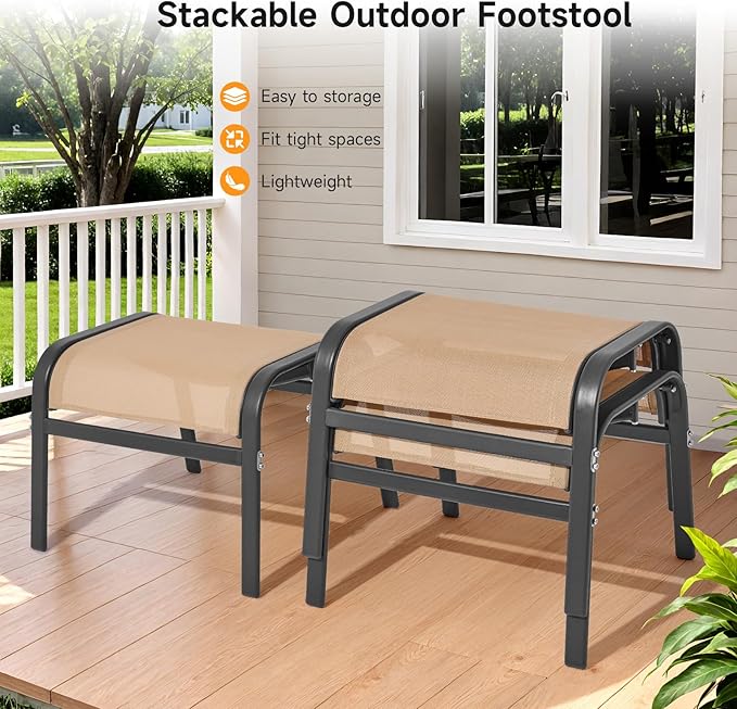 ONBRILL Outdoor Ottoman Set of 2, All Weather Outdoor Foot Stool with Supportive Textliene and Metal Frame, Stackable Oversized Outdoor Foot Rest for Furniture Patio Garden Pool, Beige