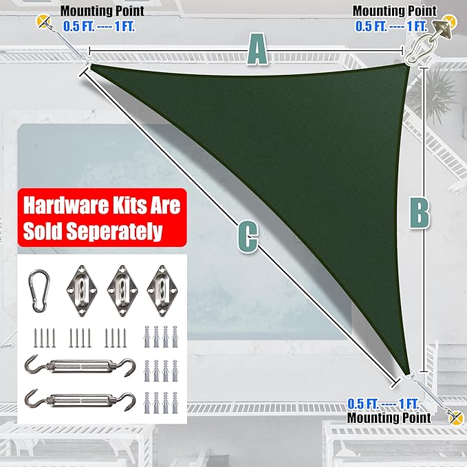 Amgo Custom Size 6' x 10' x 11.7' Green Right Triangle Sun Shade Sail UPF50+ AGTAPRT12, Order to Make Canopy Awning, 95% UV Blockage, Water & Air Permeable, Commercial Standard (We Customize)