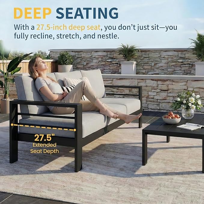 Solaste Aluminum Patio Furniture Set for All Weather, Oversized Metal Outdoor Furniture Set with 27.5" Deep Seating and 3.2" Wide Armrest, Patio Conversation Set with 10’’ Back Cushion, Black and Grey