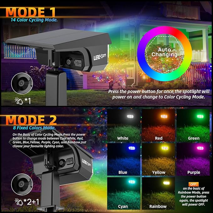 Solar Outdoor Lights,40 LEDs Color Changing RGB Solar Landscape Path Lights,USB & Solar Powered Multicoloured Spotlights,14 Colors Auto Cycling Spotlights for Yard,Garden,2 Pack